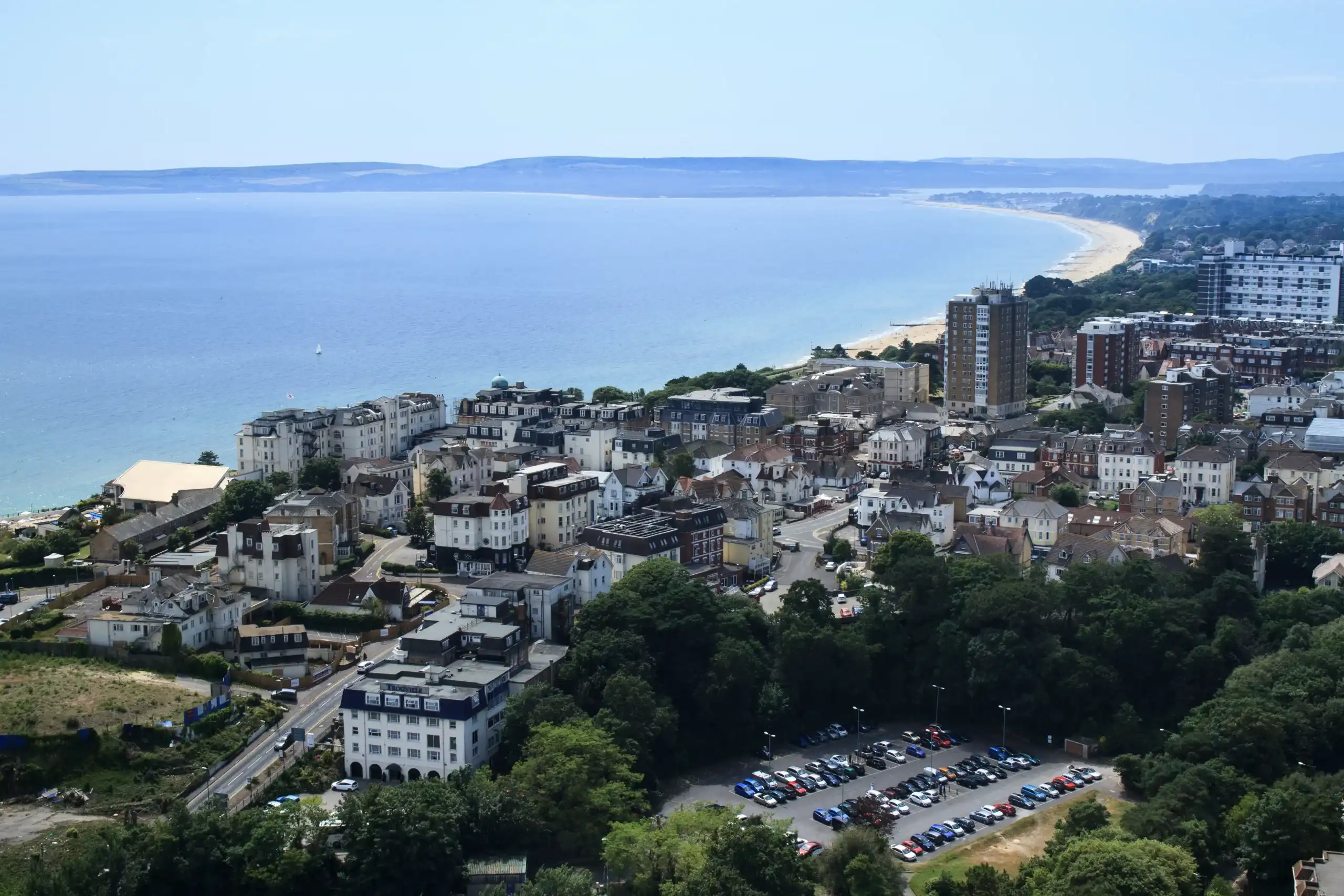 Aerial view of Bournemouth town centre, seafront and bay